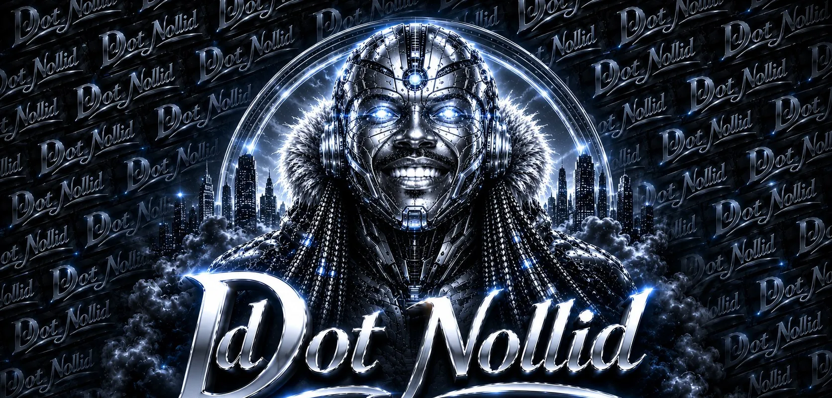 Ddot Nollid's chrome cyborg persona with glowing blue eyes, a fur-lined hood and braids, framed by a night skyline.