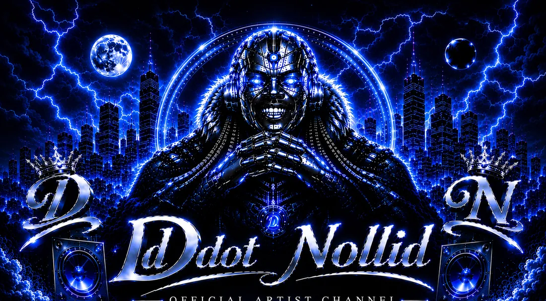 The Ddot Nollid cyborg seated with hands steepled, flanked by speakers and crowned D and N monograms.